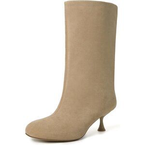 Women's Khaki Mid Calf Wide Calf Boots Suede Kitten Heel Slip-on Booties